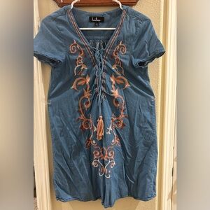 Lulu's Dusty Blue Embroidered Lace-Up Tunic with Rust Accents